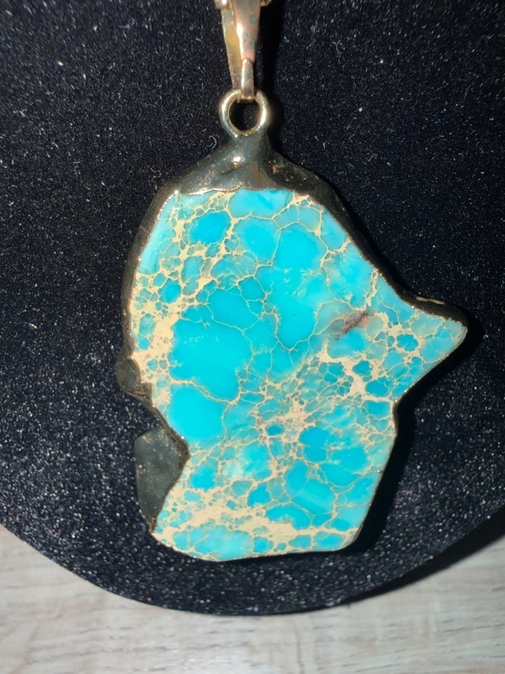 Gold Tone Turquoise Blue Slab Pendant Long Necklace